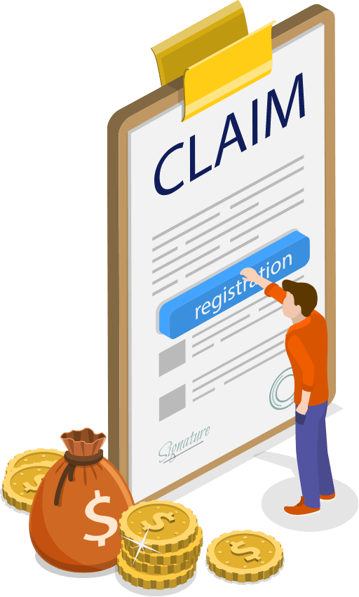 Illustration of a person submitting a claim on a large form with money icons