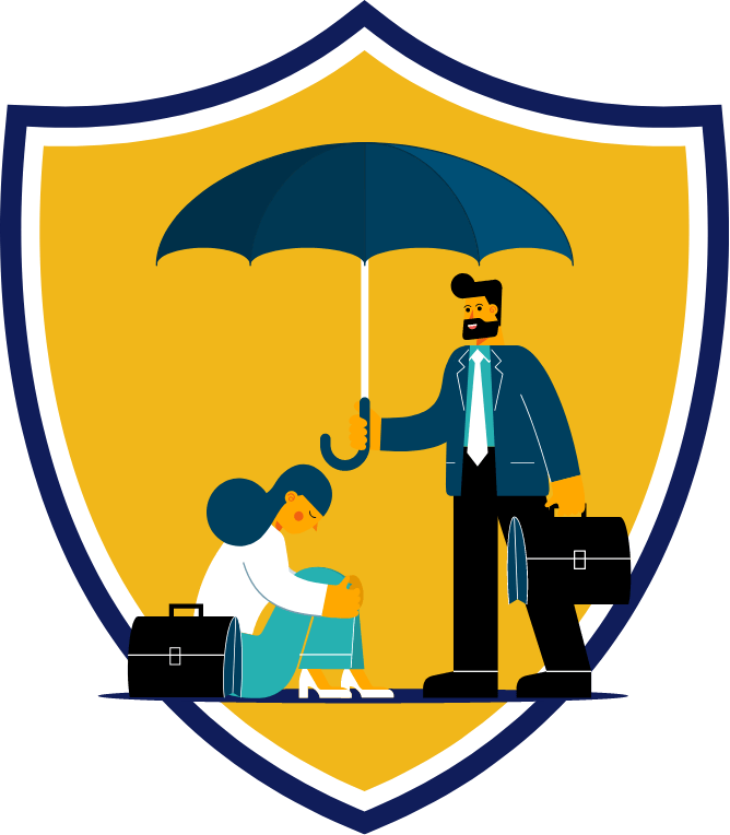 Illustration of a man holding an umbrella over a seated person inside a shield symbol